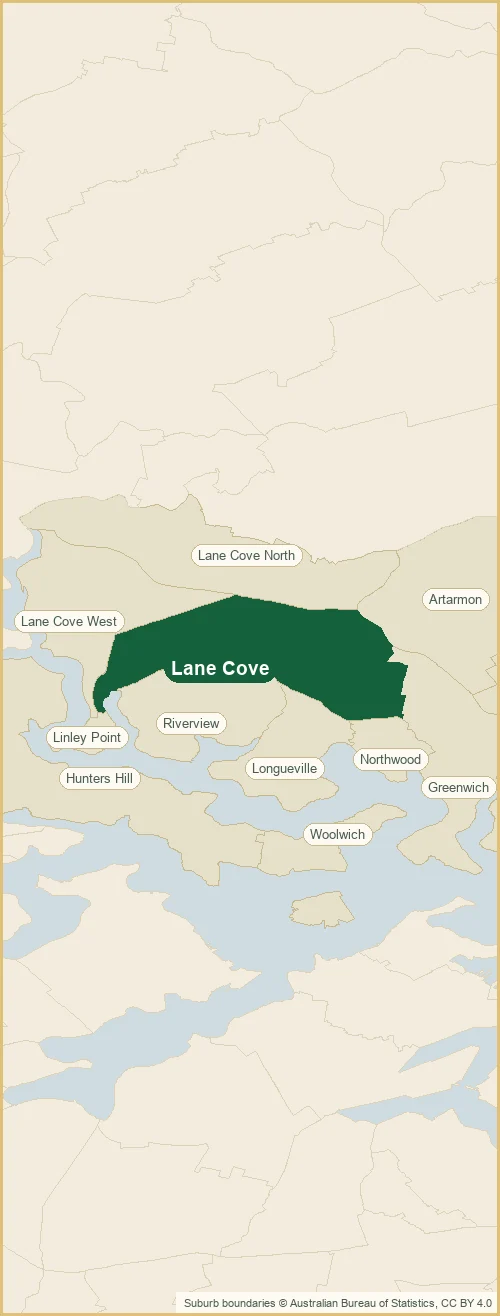 Map of the Lane Cove plumbing service area, with Lane Cove shaded and the surrounding suburbs marked: Lane Cove North, Lane Cove West, Longueville out to Northwood, Riverview, Linley Point and more