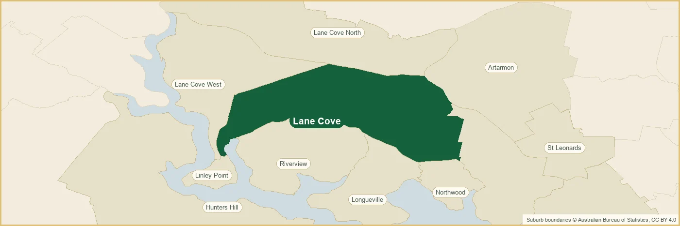 Map of the Lane Cove plumbing service area, covering Lane Cove North, Lane Cove West, Longueville, Northwood, Riverview, Linley Point, Greenwich, St Leonards, Wollstonecraft, Artarmon, Hunters Hill, Woolwich, Lane Cove North, Lane Cove West, Longueville, Northwood, Riverview, Linley Point and Greenwich